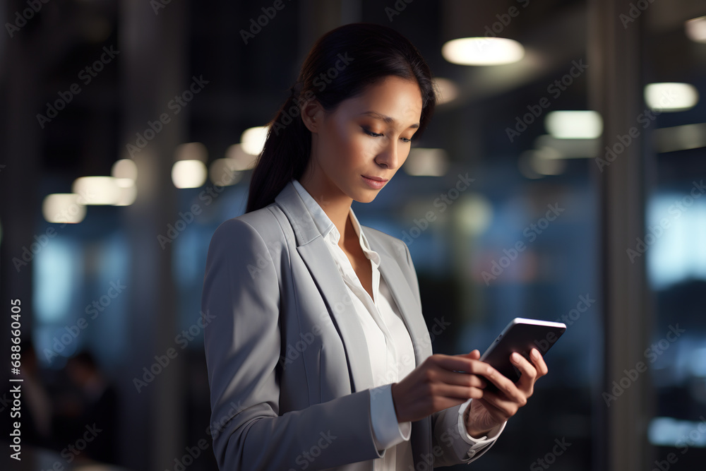 Successful businesswoman using phone at office building.