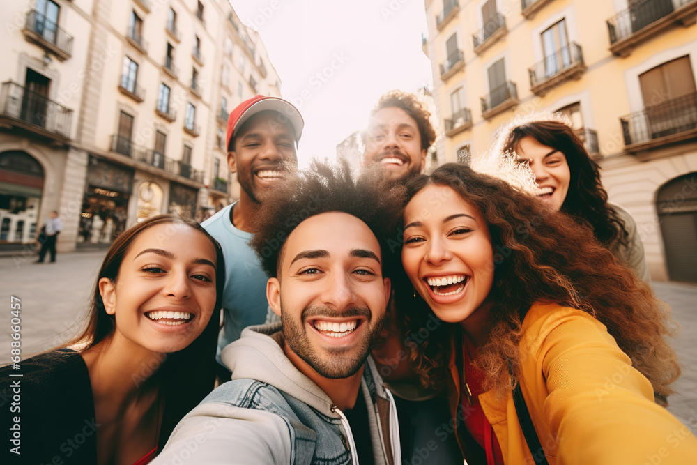 Multiracial group of friends taking selfie picture on the city street. Diverse people having fun outdoors. - obrazy, fototapety, plakaty 