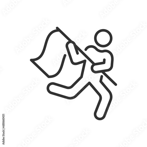 The person with the flag is running, linear icon. Line with editable stroke