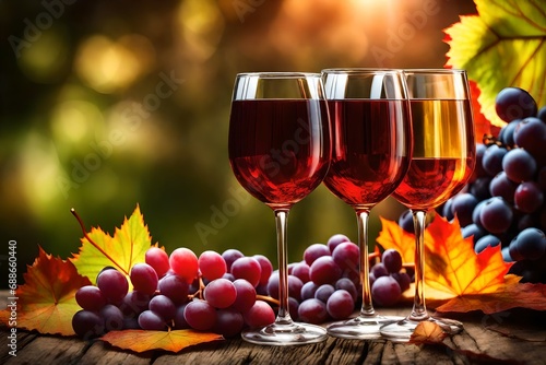 two glasses of wine on colorful grapes leaves background. romantic evening-