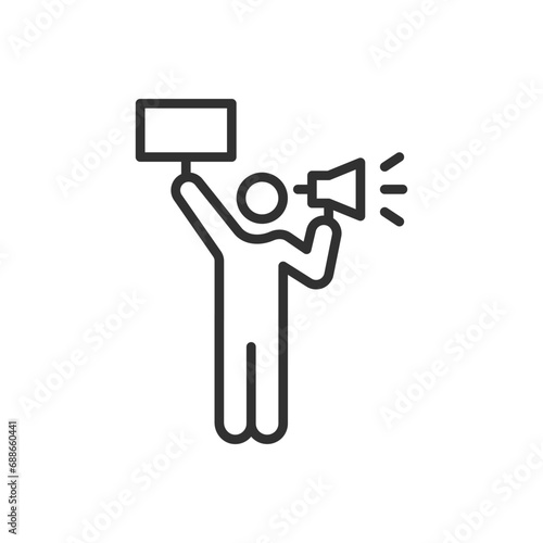 Man with a sign with a megaphone, linear icon. Line with editable stroke