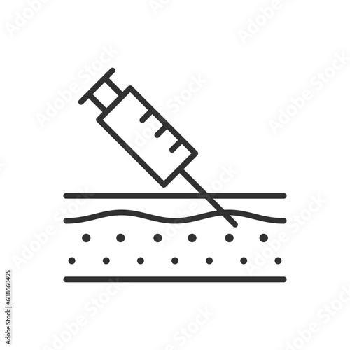 Injections under the skin, beauty injections, linear icon. Syringe and skin. Line with editable stroke
