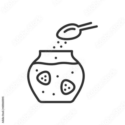 Making jam, add berries and sugar to a jar, linear icon. Line with editable stroke