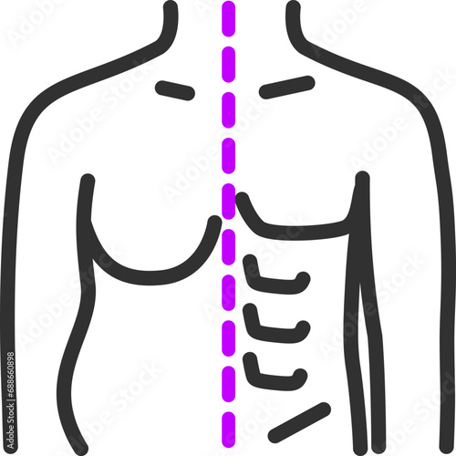 Body modification, linear icon, before and after, fat and pumped up man. Fat and a sculpted body with muscles. Line with editable stroke
