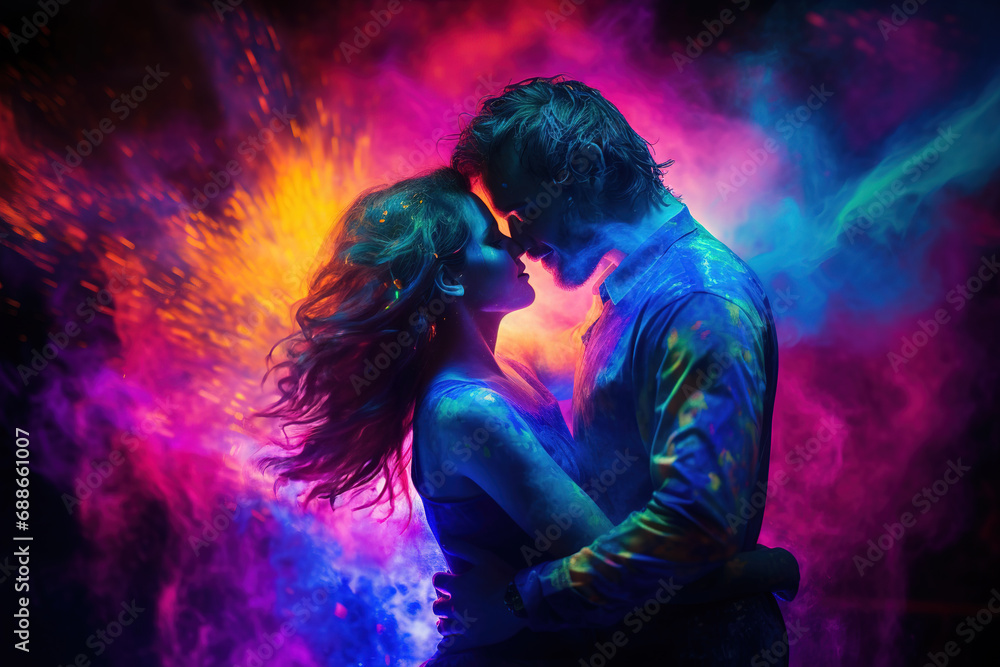 Young couple kissing and hugging against colored dramatic background.