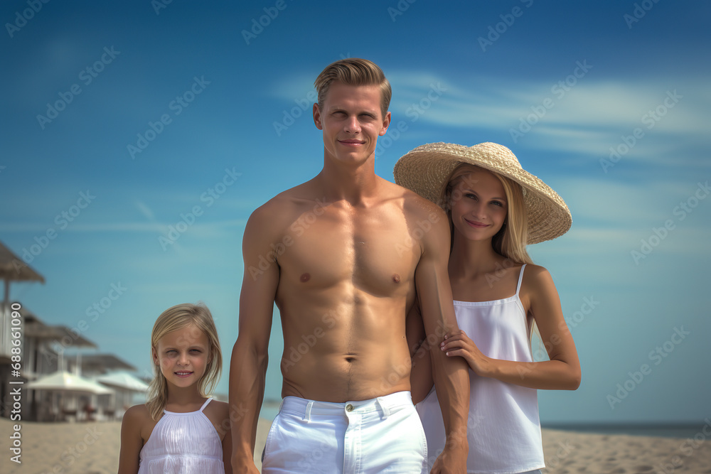 Portrait of happy family standing at beach. Portrait of happy family standing at beach.