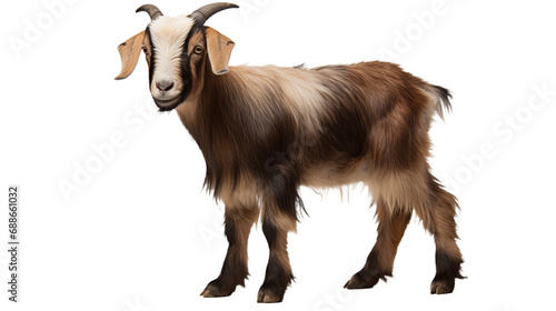 A goat with horns standing, isolated on transparent or white background photo