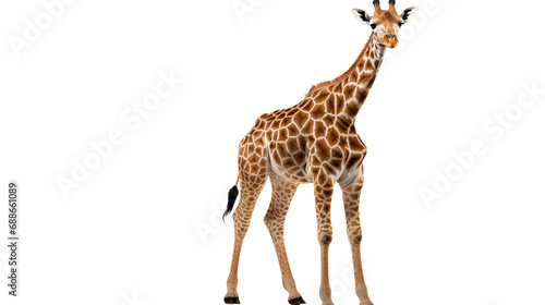 A giraffe standing in front of a , isolated on transparent or white background
