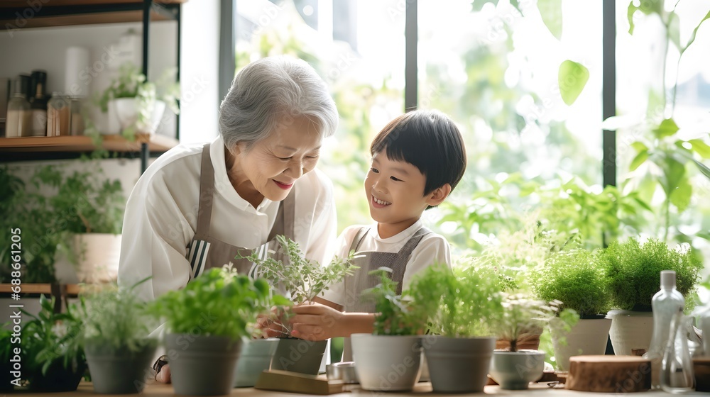 Asian grandmother and her grandchild planting together. World plant day concept. Asian grandmother and her grandchild planting together. World plant day concept.