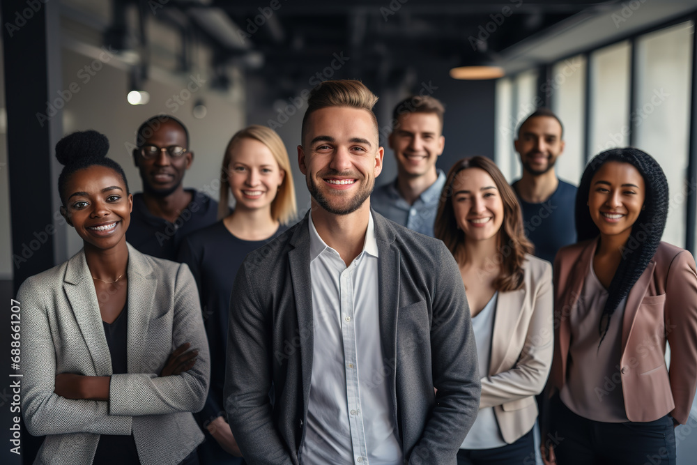 Diversity business people in StartUp company. Team, managers or proud employees smiling with leadership or group support for growth in office Diversity business people in StartUp company. Team, managers or proud employees smiling with leadership or group support for growth in office