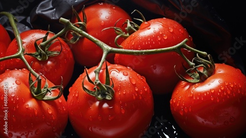 Juicy red tomatoes on a black background. © Cherkasova Alie