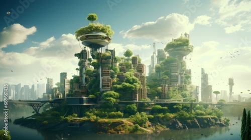 Cities of the future in harmony with nature. An urban house on an island among the trees.