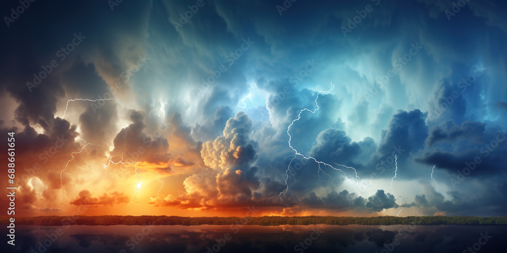 Obraz premium Dramatic sky with blue rainy clouds with lightnings over beautiful amazon river before storm. Weather forecast concept.
