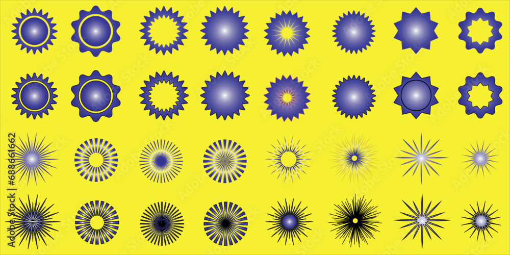 Sunburst Vector Illustration: Vibrant, high-resolution vector illustration featuring a grid of blue and black sunburst designs on a yellow background. Perfect for backgrounds, patterns, and designs. Sunburst Vector Illustration: Vibrant, high-resolution vector illustration featuring a grid of blue and black sunburst designs on a yellow background. Perfect for backgrounds, patterns, and designs.