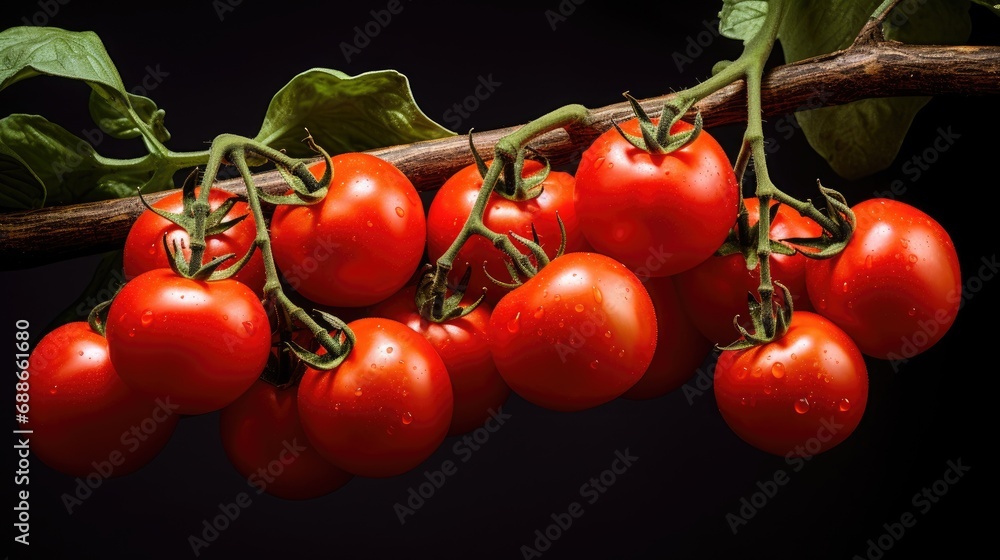 Juicy red tomatoes on a black background.