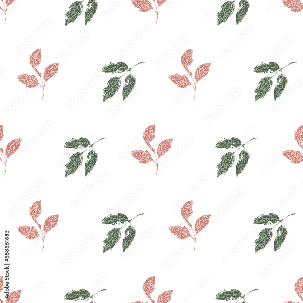 Pink green leaf vector seamless background pattern. Spring backdrop with leaves on neutral color. Scattered sprigs all over print. Decorative botanical repeat for fabric, wrapping, wallpaper
