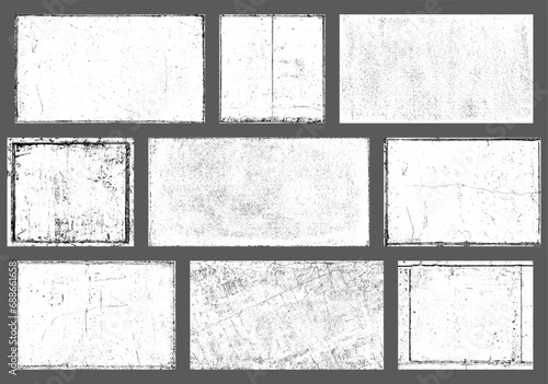 Worn paper effect backdrop. Realistic texture overlay. Overlay texture stamps with torn. Old paper set. Frame design element. Vector illustration collection.	