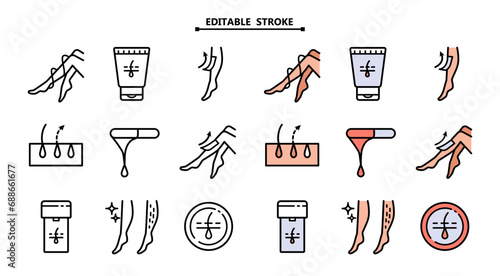 Waxing linear icons set. Female, male hair removal procedure. Cold, hot wax in jar with spatula photo