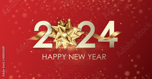 Happy New Year 2024 winter holiday greeting card design template. Party poster, banner or invitation gold glittering stars confetti glitter decoration. Vector background with golden gift bow