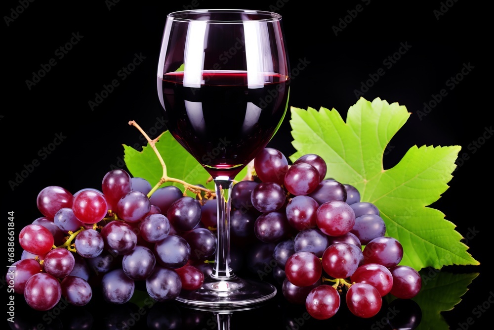 This image features a sophisticated set-up with a glass of red wine, perfectly filled, standing beside a lush bunch of dark grapes. The grapes are accompanied by a green grape leaf, adding a fresh and