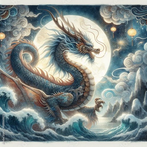 龍（ドラゴン）架空の生物、お正月、年賀状、干支、辰、中国、アジア、生成AIイラスト