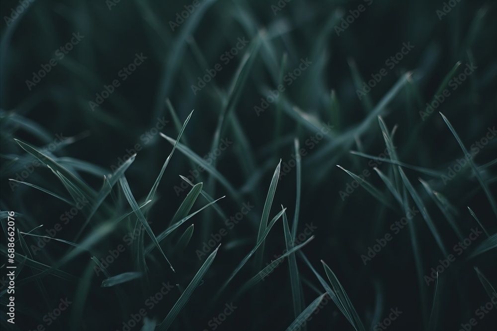 This image captures the ethereal beauty of lush grass in close-up, with the blades bathed in the subtle glow of twilight. The depth of field is shallow, highlighting individual blades against the dark