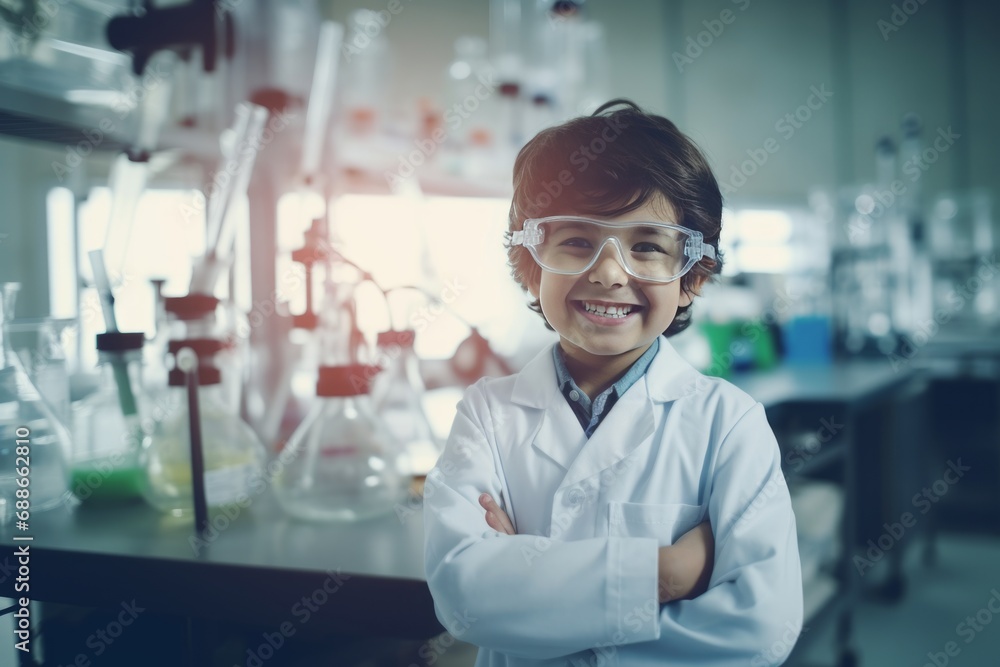 Smiling little boy scientist posing in chemistry lab. Smiling little boy scientist posing in chemistry lab.