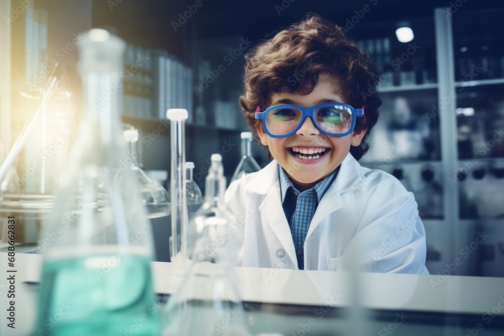 A little boy wearing a scientist costume in a laboratory. A little boy wearing a scientist costume in a laboratory.