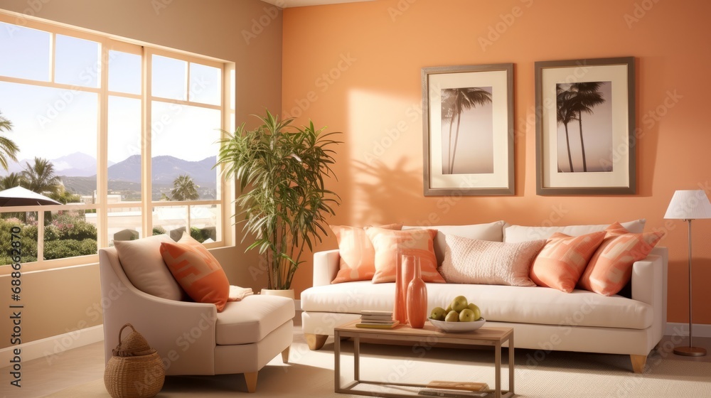 Fototapeta premium interior of the fashionable Apricot Crush room is peach-orange. Design of a living room with a sofa, indoor plants, paintings, lamp