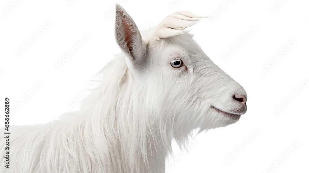 A white goat with long hair, isolated on transparent or white background
