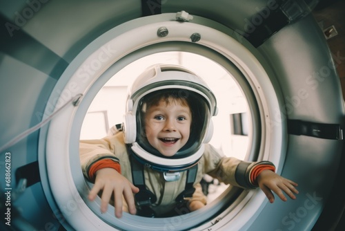 Portrait of a little boy wearing an astronaut suit inside a space station.