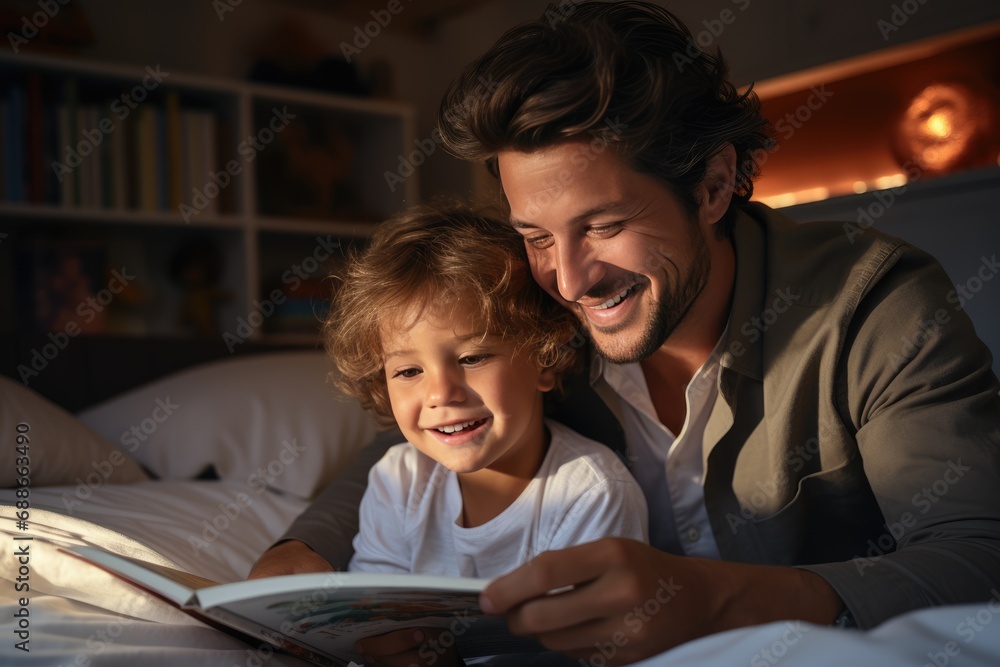 Dad and little son reading a book while lying on the bed Dad and little son reading a book while lying on the bed