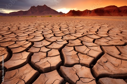 As the sun dips below the horizon, it casts a warm glow over a desolate yet striking landscape. The foreground is dominated by the beautifully patterned cracks of dried earth, telling the story of the