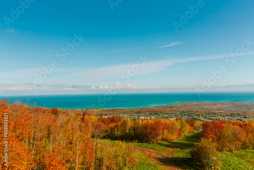 Great stunning magnificent view on blue mountain village, Grey County, Collingwood area, Ontario,Canada, Georgian Bay,lake Huron in background