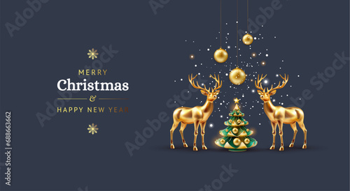 Elegant Christmas card with golden Christmas deers and Christmas tree on dark blue background, snow and golden decorations - vector illustration