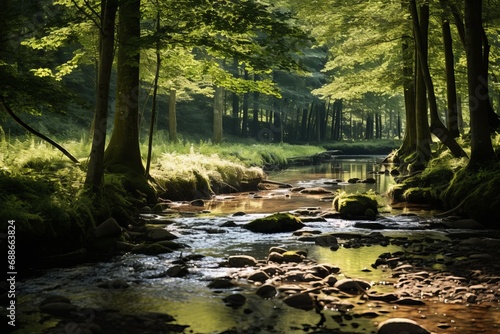 Set the tone for serenity with a background wallpaper featuring a sunlit forest stream photo