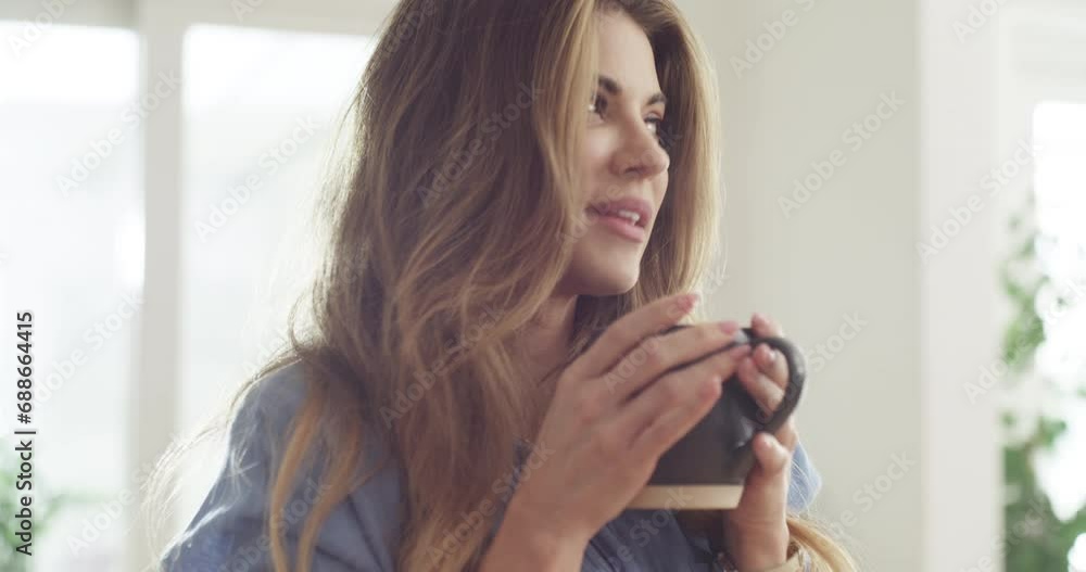 Happy, coffee break and woman in morning, thinking with drink or espresso in Mexico home with sunshine. Lady, relax and enjoy tea, latte or cappuccino in kitchen with peace or a smile in summer Happy, coffee break and woman in morning, thinking with drink or espresso in Mexico home with sunshine. Lady, relax and enjoy tea, latte or cappuccino in kitchen with peace or a smile in summer