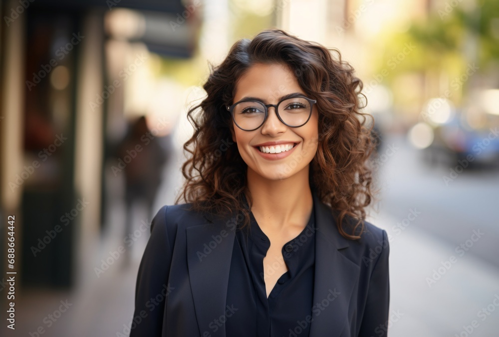 smiling businesswoman in glasses standing in city, multicultural fusion smiling businesswoman in glasses standing in city, multicultural fusion