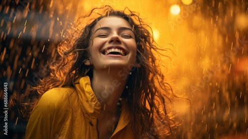 smiling young woman laughing in rain, yellow and amber