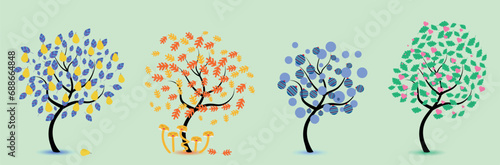 Four seasons - spring, summer, autumn, winter. Сreative cute trees, vector illustration.