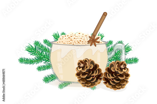 Eggnog, fir cone and twig on white background. Winter drink and christmas decoration.Pine branch and glass of eggnog with cinnamon stick.Cocktail with milk, cinnamon and clove star.Vector illustration
