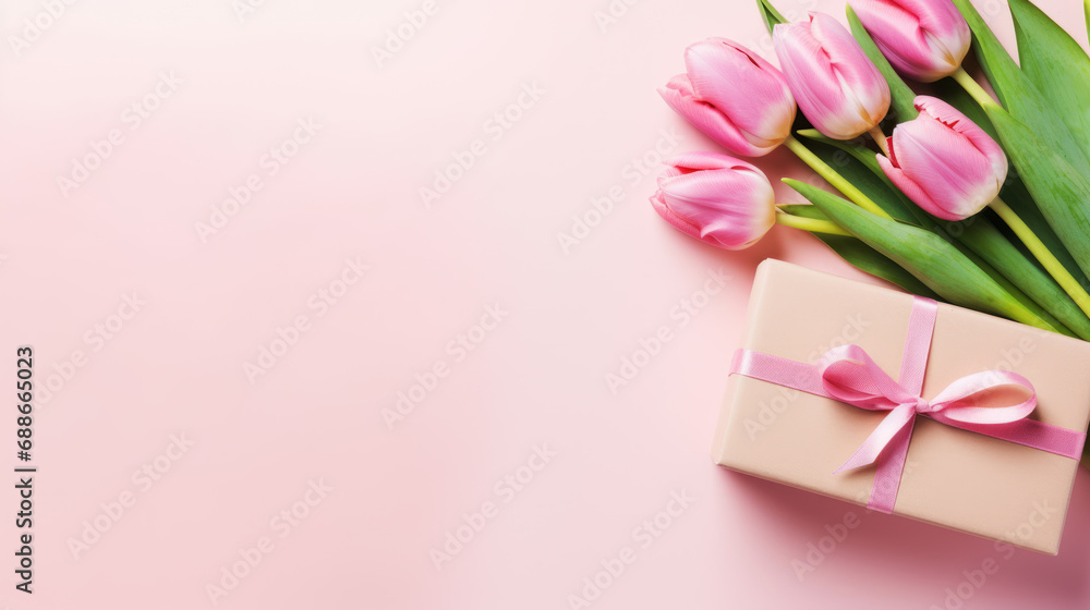Fototapeta premium Mother's Day gift and present voucher concept with tulips and copy space.