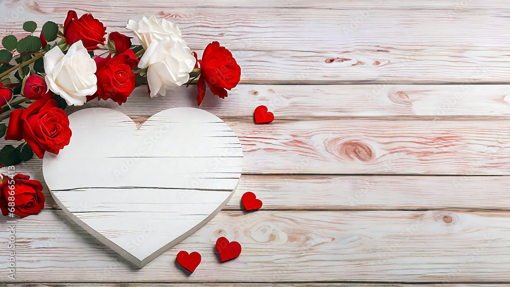 Card for lovers, red and white roses with white and red wooden hearts, copy space Card for lovers, red and white roses with white and red wooden hearts, copy space