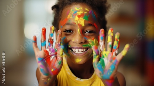 Talented young African American painter  joyous and attractive kid with colorful hands