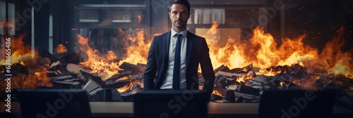 The Ethics of AI, A CEO in front of a fireplace in a workplace. Corporate selfishness, economic downfall, ruin and extravagance. Creative Artificial