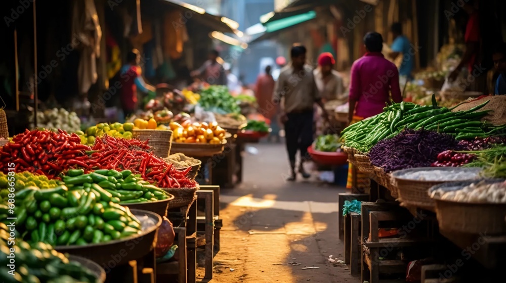 A vegetable market, city streets filled with traders, people earning money by selling food