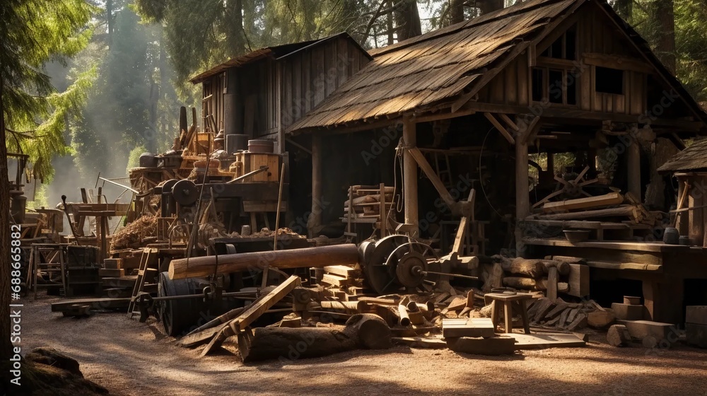 Sawmill in the forest, felling of trees and production of boards Sawmill in the forest, felling of trees and production of boards