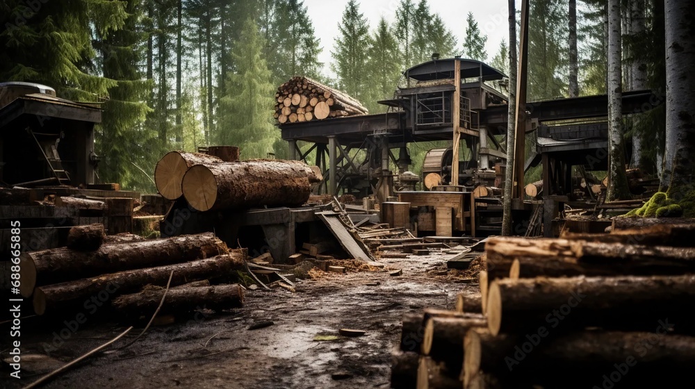 Sawmill in the forest, felling of trees and production of boards