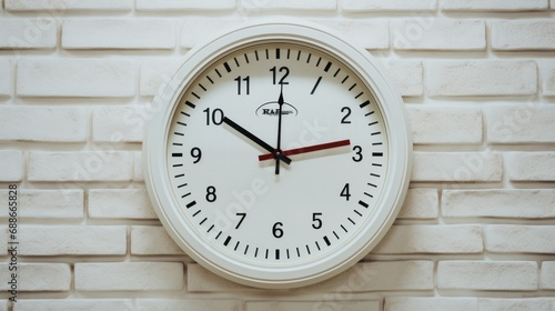 Vintage classic clock on white brick wall for deadline time tracking.
