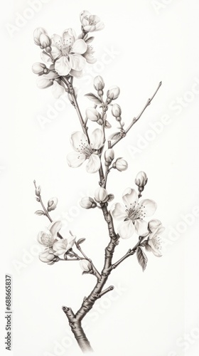 Vintage Engraving of Almond Branch with Detailed Nut and Blossoms for Botanical Illustration or Food Design